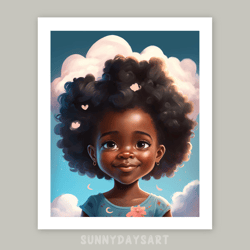 Cute black girl poster, black girl in the clouds, girl room decor, printable art, blue decor for children room, digital