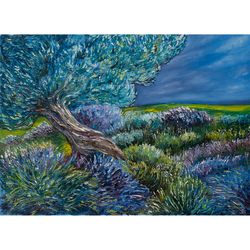Olive Tree Painting Landscape Original Art Impressionist Art Impasto Painting Blue Artwork 24"x32" by KseniaDeArtGallery
