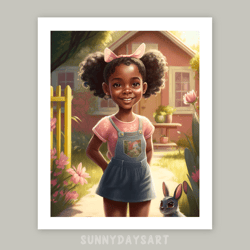 Cute black girl poster, black girl with rabbit, girl room decor, printable art, pink decor for children room, easter art