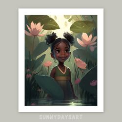 Cute black girl poster, black girl with water lilies, girl room decor, printable art, pink decor for children room