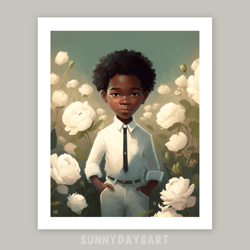 cute black boy poster, black boy with peonies, boy room decor, printable art, green decor for children room, peony art