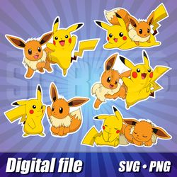 pikachu and eevee svg png files, pokemon cricut, pikache & eevee cut vector image, pokemon png and svg, pokemon clipart