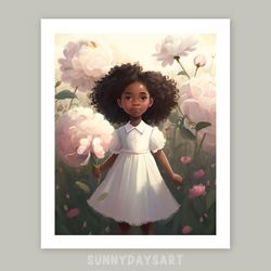 cute black girl poster, black girl with peonies, girl room decor, printable art, pink decor for children room, peony art
