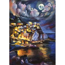 Night Sea Painting Moonlight Original Art Italy Painting Coastal Wall Art Positano Artwork by SviksArtPainting