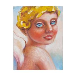 Angel painting original art kid oil art gift 8 in wall art pink painting portrait floral art baby eco earth religion art