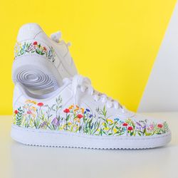 Wildflowers Custom Nike Sneakers, Hand Painted Leather Shoes, white footwear with flowers