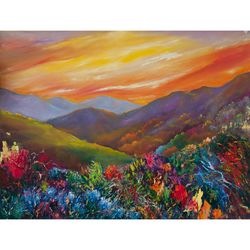 Sunset Painting Landscape Original Art Impressionist Art Impasto Painting Wildflowers Painting 24"x32" by Ksenia De