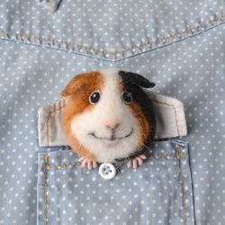Custom smiling guinea pig portrait pin from photo Handmade needle felted brooch Personalized guinea pig replica jewelry