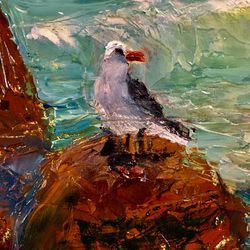 seascape seashore seagulls rocks oil painting on board 8 by 12 inch