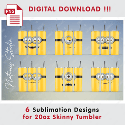 6 Inspired Minion Faces Templates - Seamless Sublimation Patterns - 20oz SKINNY TUMBLER - Full Tumbler Wrap
