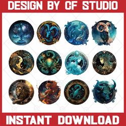 12 files zodiac sign bundle clipart png, zodiac sign png, astrology png, zodiac sign cricut, horoscope, digital download