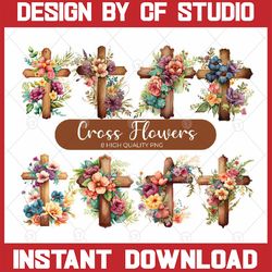 cross flowers watercolor png, easter cross bundle png, watercolor greenery floral cross clip art, first communion png