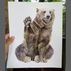 Bear Original Watercolor Painting Animal Funny Bear Painting by Guldar