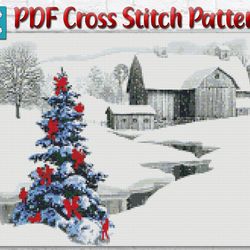 Christmas Tree Cross Stitch Pattern / Winter Landscape Cross Stitch Pattern / New Year Holiday PDF Cross Stitch Chart