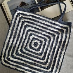 blue & white large  handmade crochet summer beach bag labyrinth