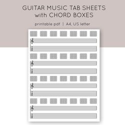 Blank printable guitar tabulature. Guitar tab and chord chart sheet Music. Blank guitar TAB sheet with chord boxes