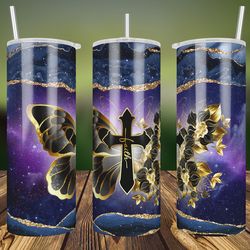 Faith Cross Gold Flower Butterfly Galaxy Agate PNG Sublimation Designs, 20oz Skinny Tumbler, Christian Tumbler Png