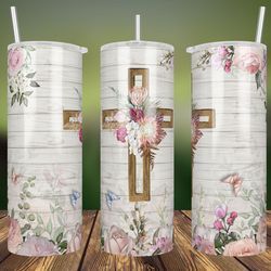 Boho Flower Cross Sublimation Design, 20oz Skinny, Wood Cross Floral Tumbler Wrap, Boho Flower Cross Tumbler Wrap