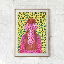 Original gouache painting Art illustration Floral pattern Pink Bow on Red Hair