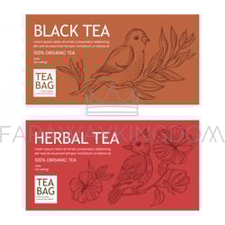 black and herbal tea packaging with birds and flowers set