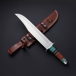 CUSTOM HANDMADE DE STEEL BOWIE HUNTING KNIFE  WITH LEATHER SHEATH COTTON MICARTA GIFT KNIFE MK3637M