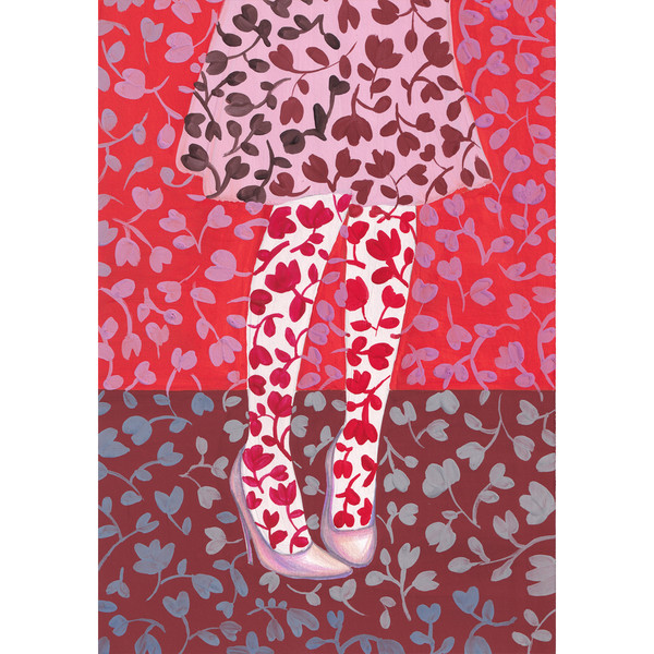 Original gouache painting Art illustration Floral pattern Pink dress and Lace stockings pink red brown grey colors