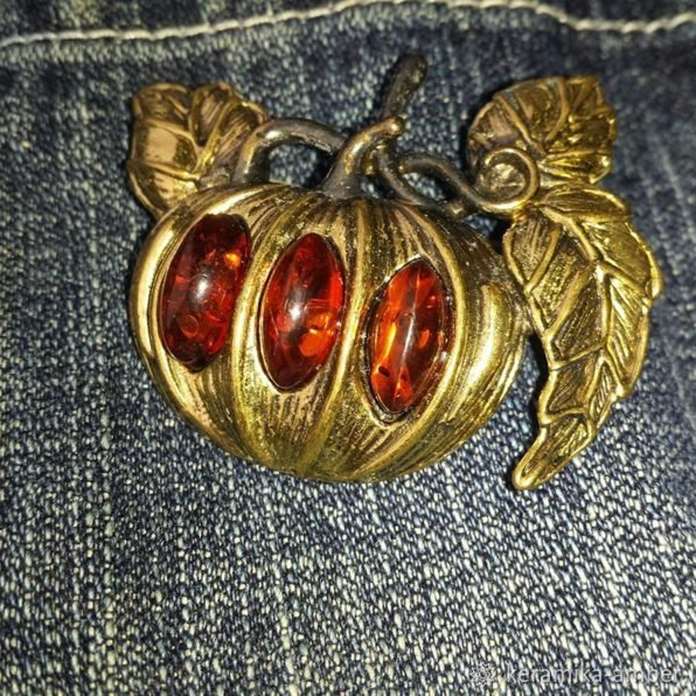 Pumpkin Brooch Autumn Brooch Halloween Jewelry Gold antique Brass Amber Brooch red orange jewelry new handmade brooch women handmade brooch pin.jpg