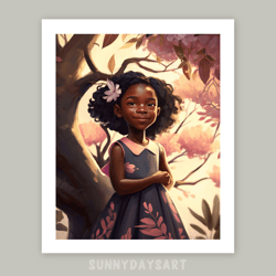 cute black girl poster, black girl among blooming trees, girl room decor, printable art, pink decor for children room