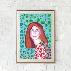 Original gouache painting Art illustration Floral pattern Red-haired Girl