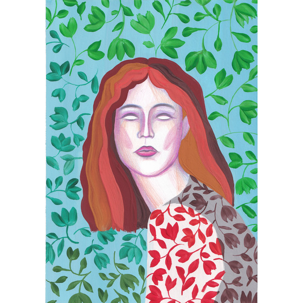 Original gouache painting Art illustration Floral pattern Red-haired Girl wall decor
