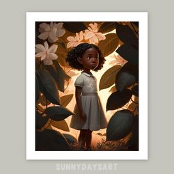 cute black girl poster, black girl and magnolia, girl room decor, printable art, orange decor for children room