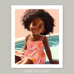 cute black girl poster, black girl girl by the pool, girl room decor, printable art, pink decor for children room