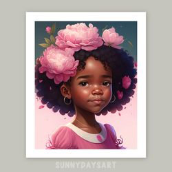 cute black girl poster, black girl with pink peonies, girl room decor, printable art, pink decor for children room,