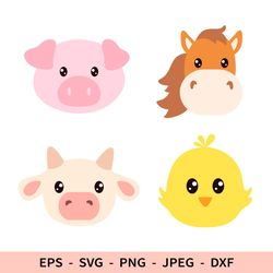 Cute Animal Face Svg Baby Shower File for Cricut Farm Animals Silhouette Dxf