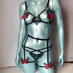 SET women's genuine leather harness  with butterflies, garters with butterfly, leather harness, chest harness