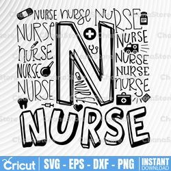 nurse typography instant download dxf, svg, eps, png, for use with programs like silhouette studio and cricut design