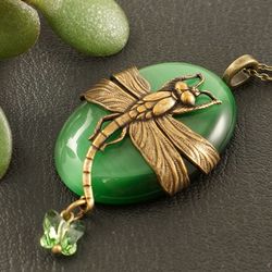 Brass Dragonfly Necklace Oval Green Cat Eye Stone Pendant Butterfly Swarovski Crystal Boho Insect Necklace Jewelry 5970