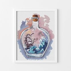 ship bottle cross stitch, seascape cross stitch pattern, storm sea cross stitch, sea cross stitch, bottle cross stitch