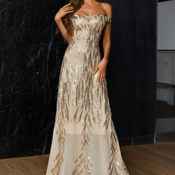 Sequin Mesh Off Shoulder Short Sleeve A Line Flared Maxi Formal Wedding Party Evening Prom Cocktail Dress