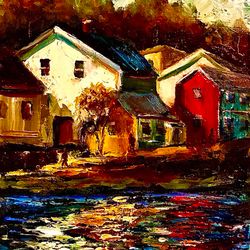 landscape sunny daus bright houses by the river. oil painting on board 9 by 14 inch