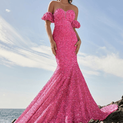 Hot Pink Sequin Off Shoulder Short Sleeve Mermaid Hem Bodycon Maxi Prom Wedding Party Evening Formal Cocktail Dress