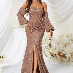 Apricot Sequin Off the Shoulder Bishop Sleeve Split Thigh Formal Wedding Party Evening Prom Cocktail Bodycon Maxi Dress