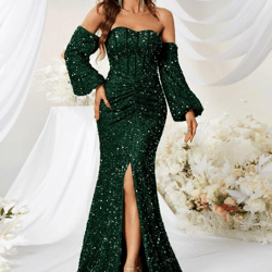 Dark Green Sequin Off Shoulder Bishop Sleeve Split Thigh Formal Wedding Party Evening Prom Cocktail Bodycon Maxi Dress