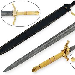 38" Handcrafted Damascus Steel Blade with Elegant Bone Handle and Sheath, Needle Point, Full Tang, Ambidextrous, and Bl