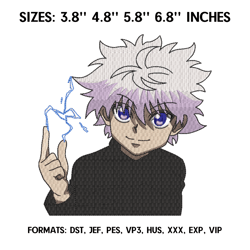 killua embroidery design file, hunter x hunter anime embroidery design, machine embroidery, anime pes design brother