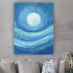 Moon Painting Blue Turquoise Abstract Wall Art on Canvas | Abstract Mountain landscape oil painting