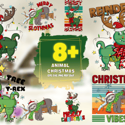 8 files animal christmas bundle svg sublimation, christmas svg, animal svg, t rex svg, tree t rex svg, rendeer svg