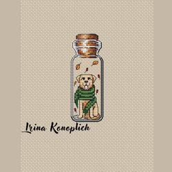 With a smile cross stitch pattern, dog in bottle cross stitch pattern, autumn cross stitch pattern in pdf