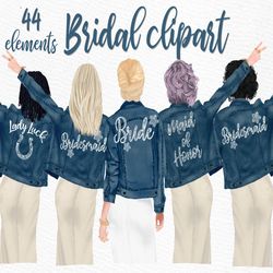 wedding clipart: "bridesmaid clipart" bride in jackets bride clipart team bride black jeans jackets party wedding dress
