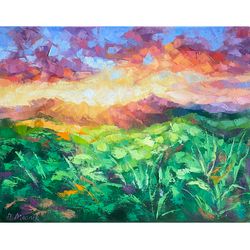 Sunset Landscape Painting Original Meadow Artwork Oil On Canvas Mountains Wall Art